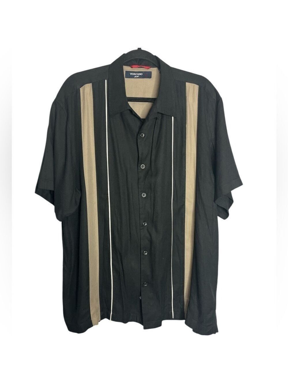 Toscano 90s Black & Tan Stripe Silk Blend Button Up Short Sleeve Shirt, XL